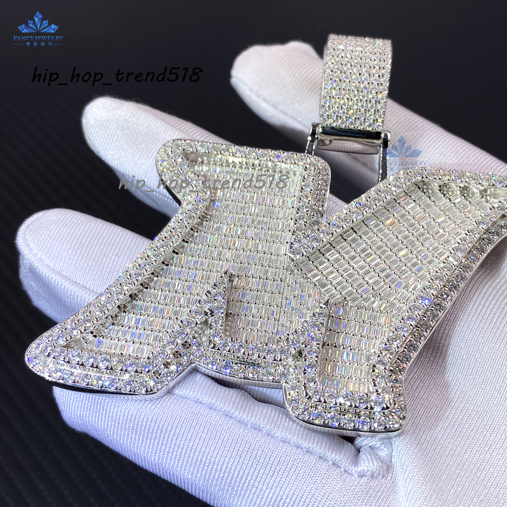 Hip Hop Jewelry Mens Iced Out Custom M Letter Pendant 925 Sterling Silver Baguette VVS Moissanite Diamond Name Initial Pendant