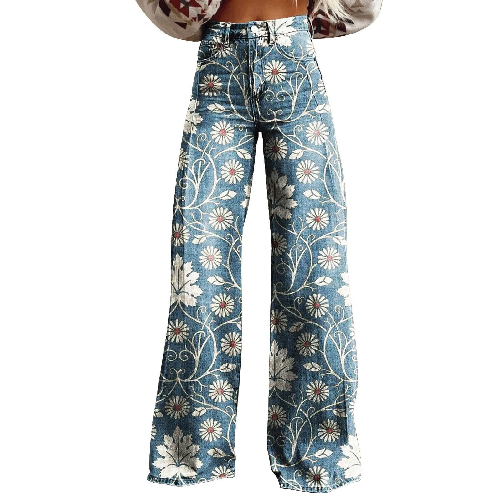 Womens wide leg Flare jeans with pockets retro floral print high waisted loose pants 250414