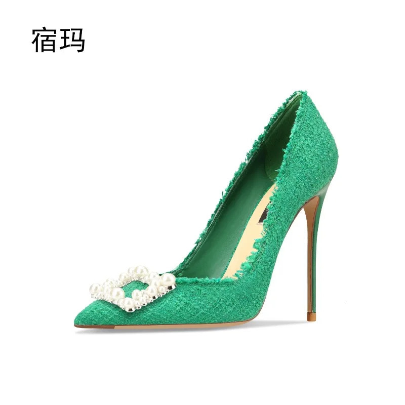 Square buckle rhinestone pearl black woven high heels for women 2025 pointed thin heel versatile and sexy single heel shoes 251111 - view 6