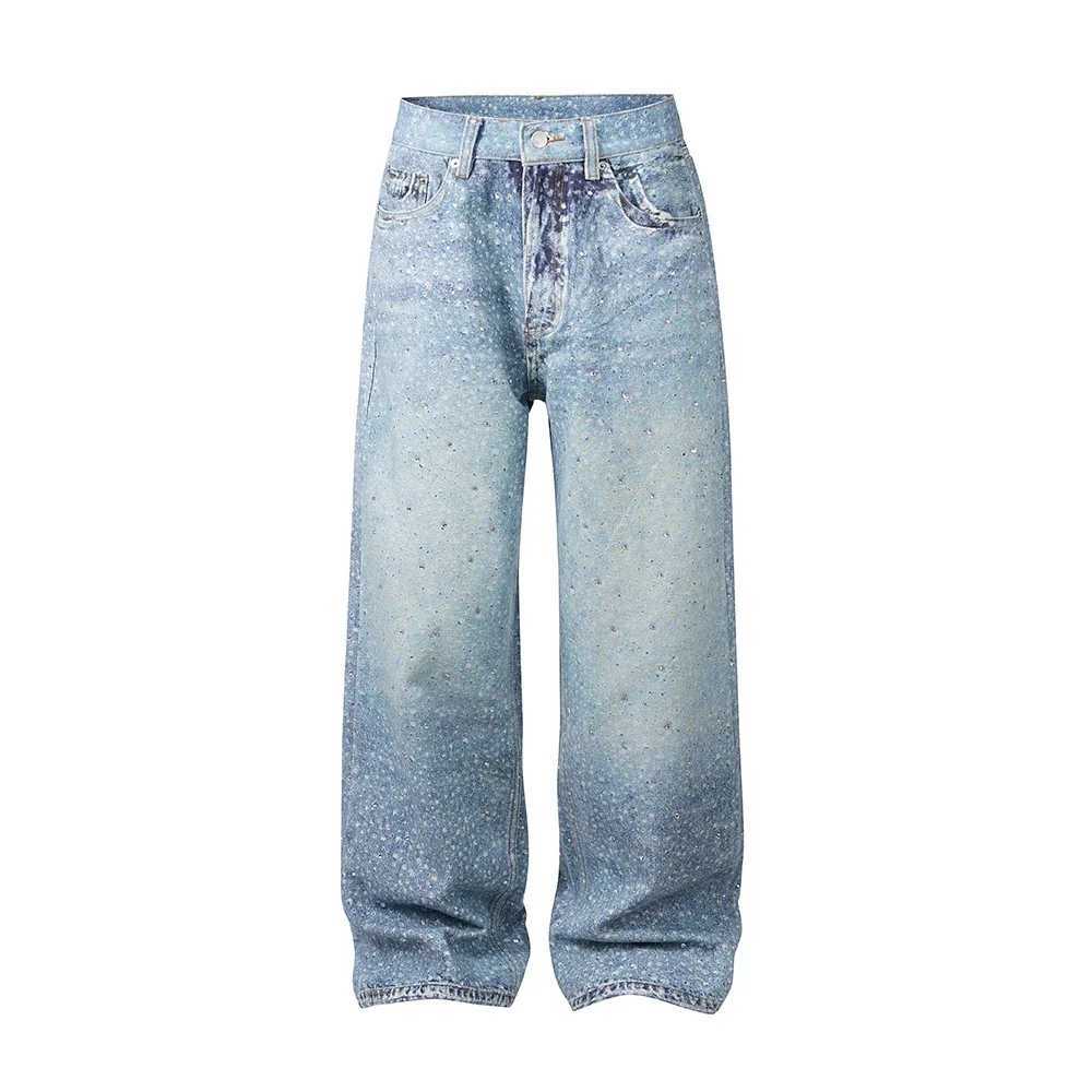 Full rhinestone print washed blue pocket jeans for men and women Ropa Hombre Strtwear solid casual denim Trouser loose cargo X250415
