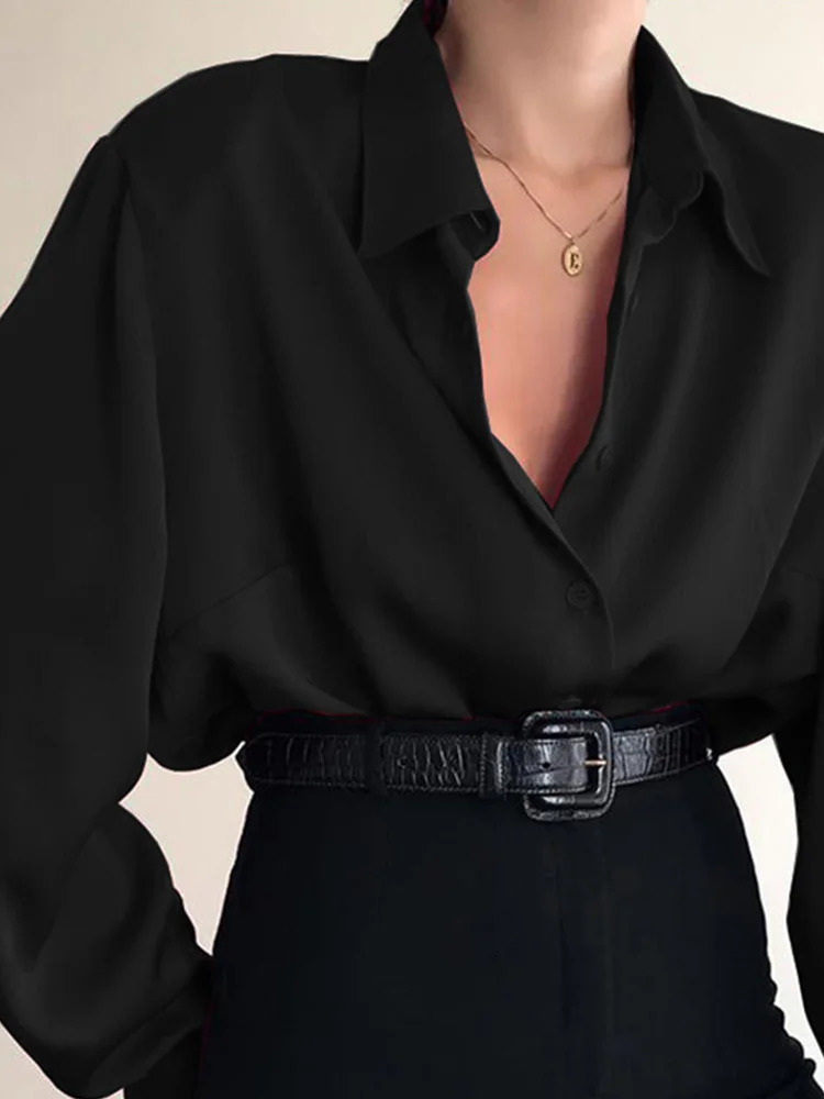 Women Button Blouses Turn Down Collar Shirts Office Lady Long Sleeve Casual Blouse Loose OL Shirt Baggy Tops RedWine Red Black 250415