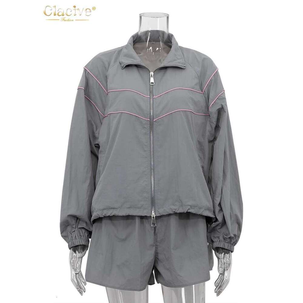 Clacive Fashion Loose Gray 2 Piece Sets Women Outfit 2024 Elegant Long Sleeve Shirt With High Waist Shorts Set Female Streetwear