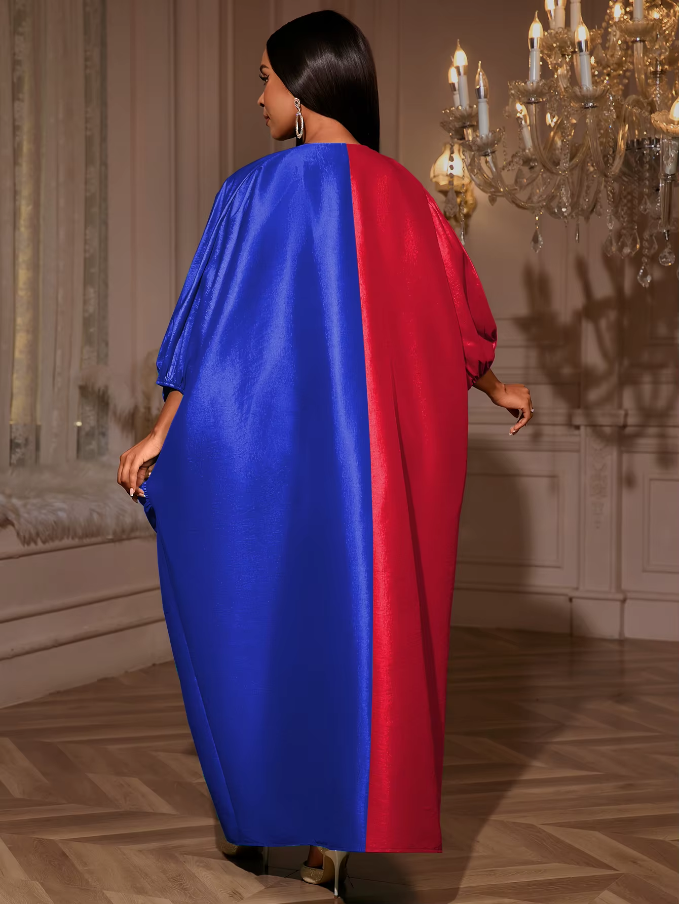 Elegant Long Loose Bubu Dresses African Ruched Batwing Sleeve V Collar Plus Size for Women AM050759