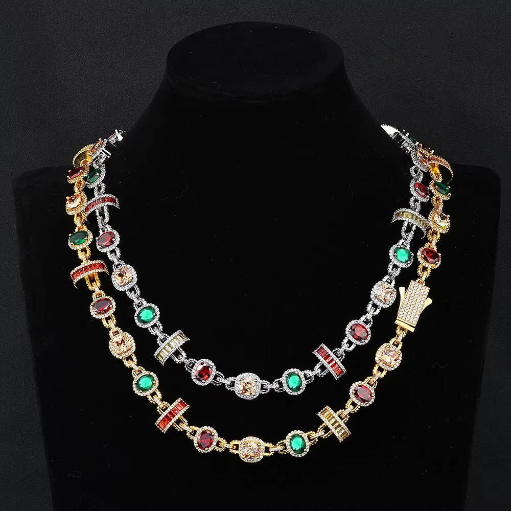 Factory Wholesale Jewelry Multicolored Gem-set Link Chain Moissanite 925 Sterling Silver Women Men HipHop Link Chain Necklace