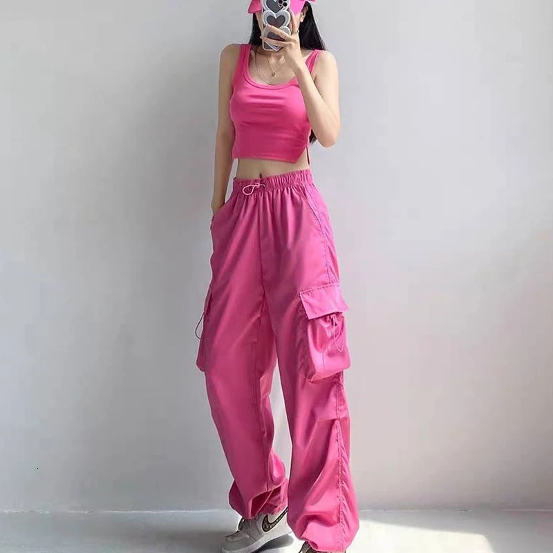 Vintage matching oversized womens wide leg pants with low waist brushed cargo Y2K hiphop streetwear casual chic sports 250414Z