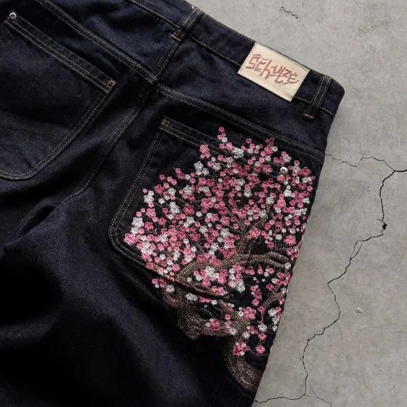 Plum Blossom Embroidered Pattern Jeans Y2K Loose Mens Zipper Jeans Wide Leg Pants Gothic Harajuku American Strtwear X250415