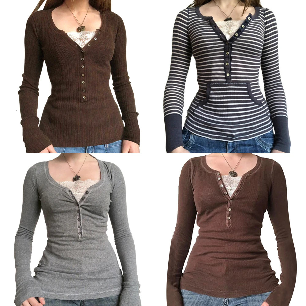 Vintage Lace Patchwork Cute Cotton Tshirts Women Korean Fashion Button Fairy Grunge Y2K Clothes Casual Spring Autumn Retro Tops 250415