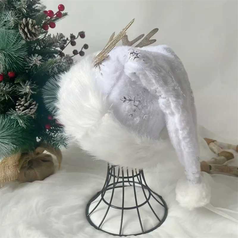 New Arrival Pink Deer Antler Christmas Hat 3147cm Silver-Embossed Snowflake Double-Layer Fluffy Decorative Short Hat Y251115