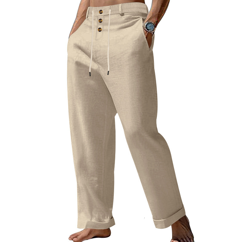 Men's Spring and Autumn New Fashion Straight Tube Linen Strap Beach High Waist Casual Pants Men