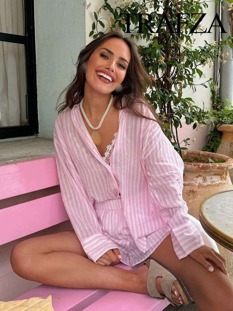 TRAFZA Summer Fashion Woman Suits Stripe Turn Down Collar Long Sleeves Single-Breasted Shirts+Elastic Waist Pocket Shorts