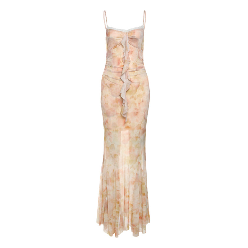 S42Charming Ladies' Mesh-Printed Splice Lace Dress Featuring Modern French Style