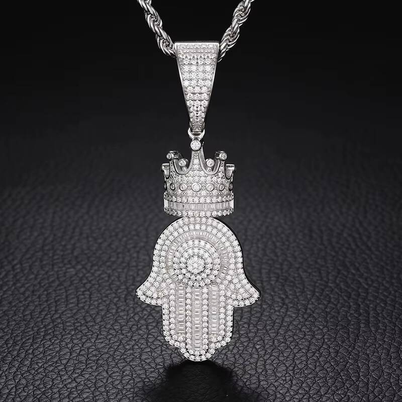VVS D Moissanite Hamsa Hand Pendant Necklace 925 Sterling Silver Hip Hop Iced Out Crown Hamsa Pendant for Men Women