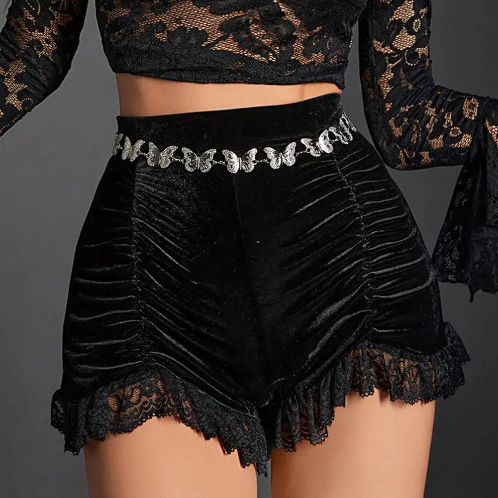 Goth Dark Mall Gothic Velvet Ruched Sexy Shorts Skirts E-girl Grunge High Waist Skinny Bottoms Women Lace Hem Autumn Alt Clothes 250415