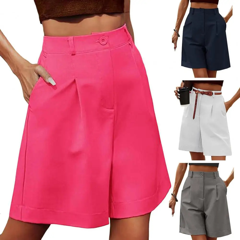 Women Shorts Breathable High Waist Shorts Stylish Summer Womens Shorts with Elastic High Waist Side Pockets for Office Wear 250415
