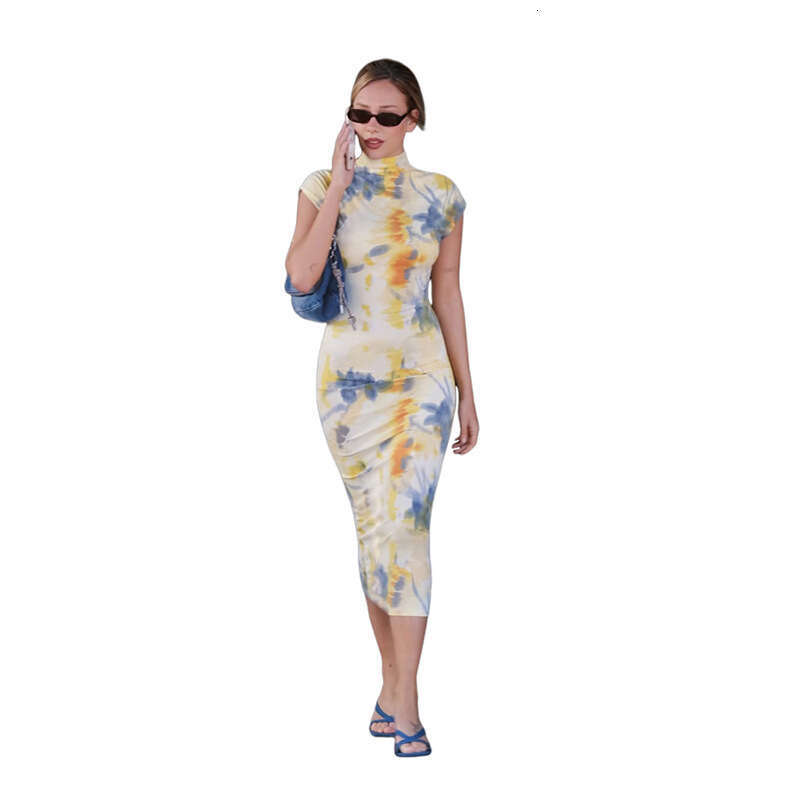 Women's Wear Spring/Summer New Women's Clothing Elegant Floral Contrast Printed Half High Collar Short Sleeve Tight Dress