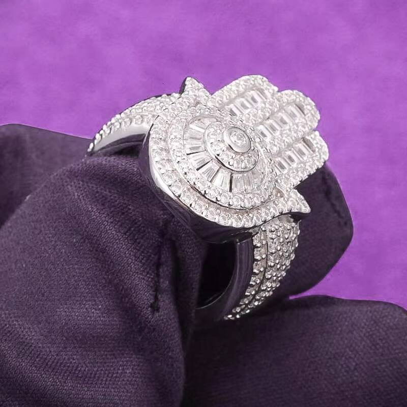 Pass Diamond Tester Hip Hop Bling D Color Moissanite Iced Out Mens Baguette Hamsa Hand Ring With 925 Sterling Silver GRA