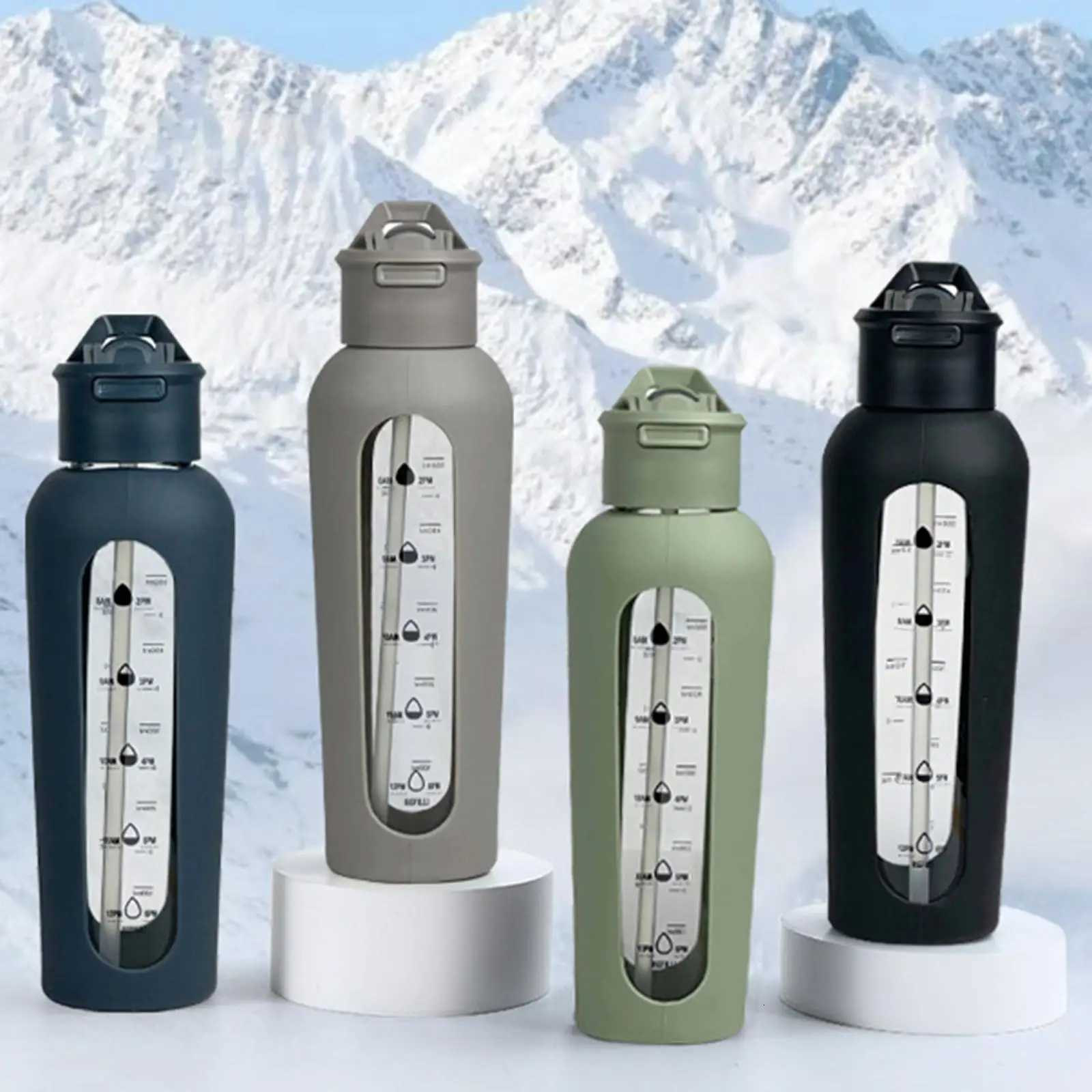 Glass Water Bottle with Time Marker Drink Bottle for Outdoor Cycling WorkoutW251114