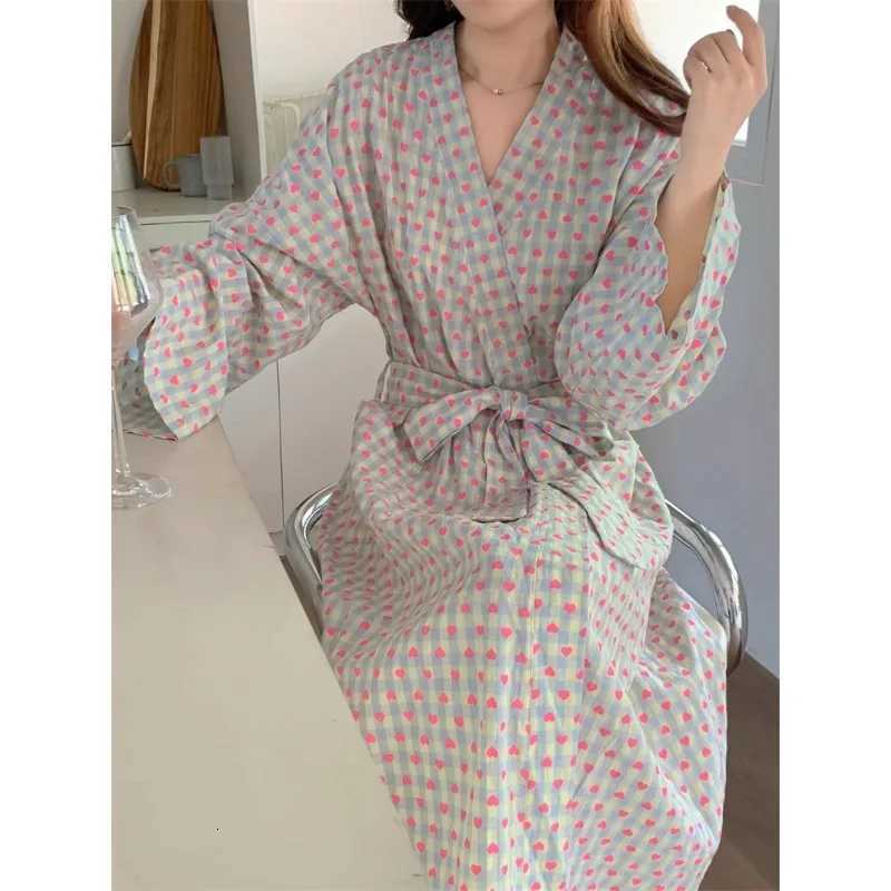 bathrobe womens bathing love plaid loose long sleeve long kimono V-neck lace up trousers nightgown sexy robe womens girl C251115