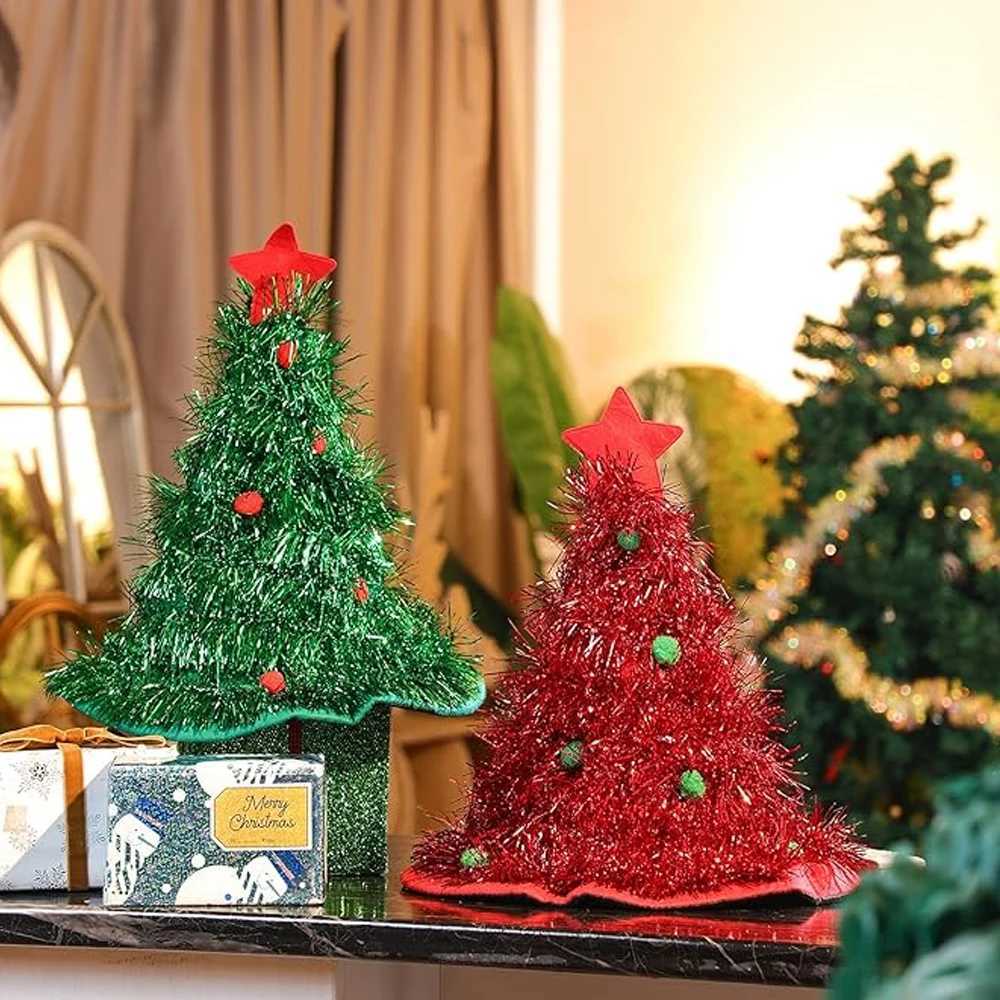 Christmas Tree Hat Glitter Tinsel Santa Claus Hats Xmas Costume Accessories for Kids Adults 2025 Navidad Party Decor Supplies Y251115
