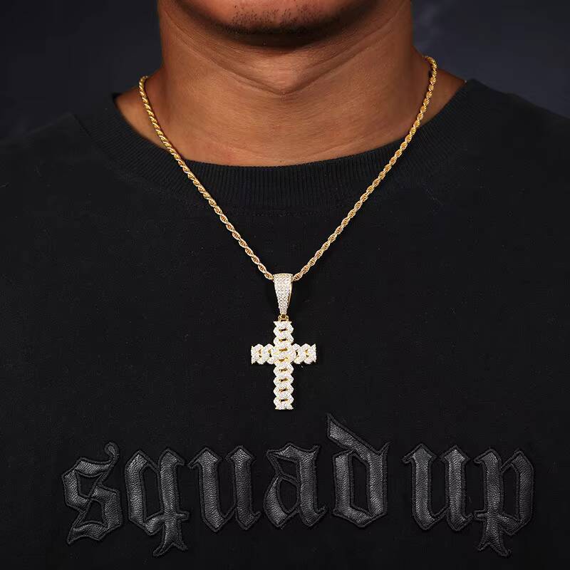 Hip Hop VVS D Moissanite 2 Rows Cuban Cross Pendant Necklace Iced Out Gold Plated 925 Sterling Silver Cross Pendant