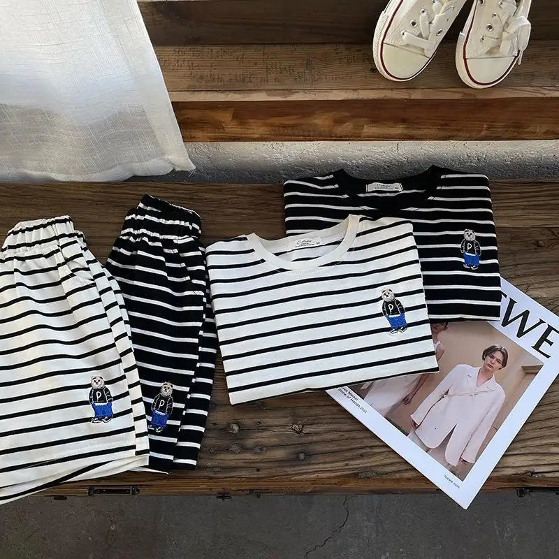Summer Baby Striped Short Sleeve Clothes Set Cute Bear Infant Casual T Shirts Shorts 2pcs Suit Cotton Toddler Outfits 250415