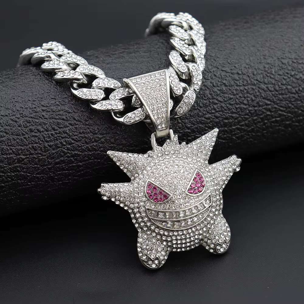 DHCollections Iced Out Pendant Necklace for Men Hip Hop Cuban Link Chain with Bling Ghost Anime Charm Silver Color 18 Inch Rapper Jewellery 1 Piece