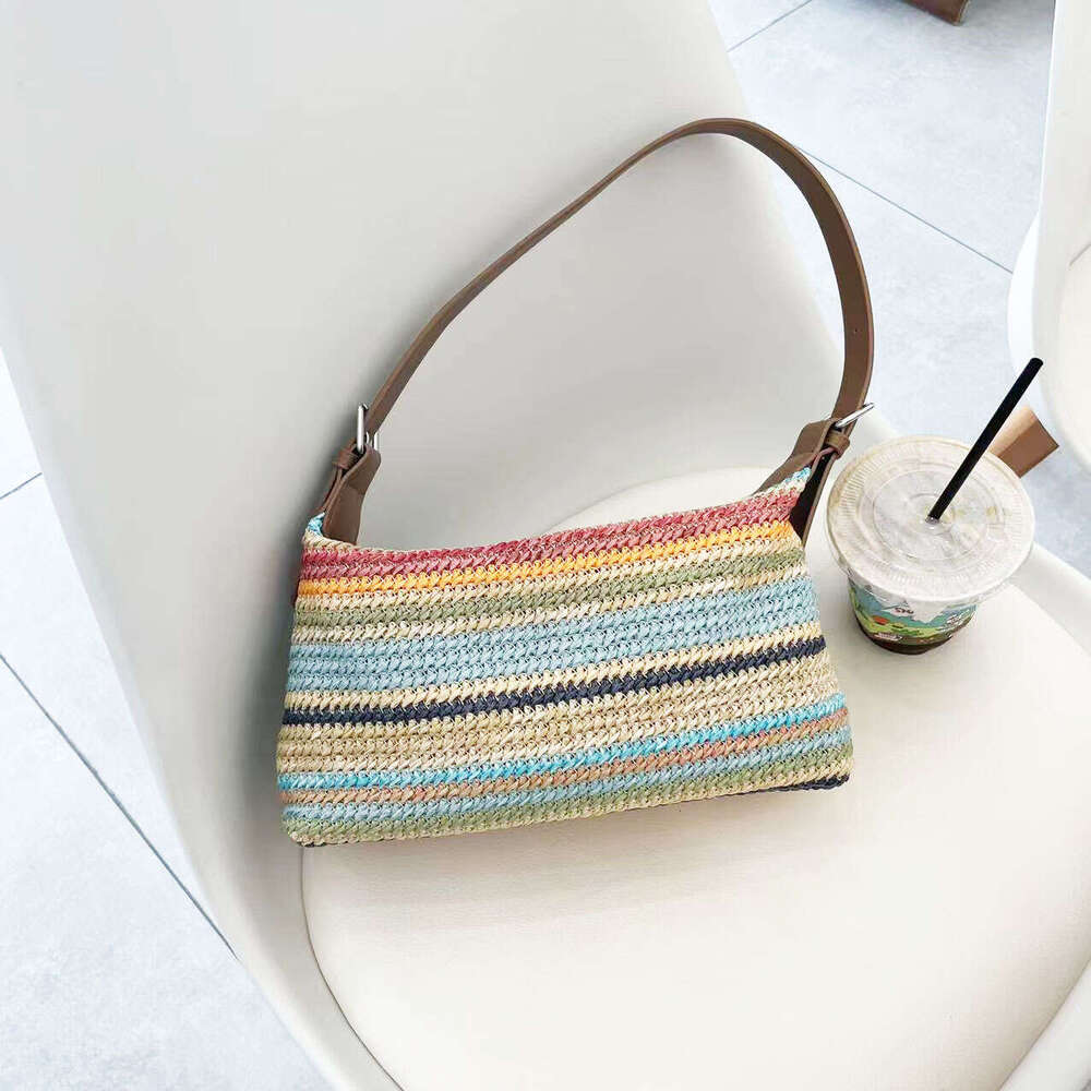 Handmade Beach Bag Summer Leisure Large Capacity Rainbow Woven 2024 New Fashionable Commuting Tote Trend Simple Shoulder Bag Kq2