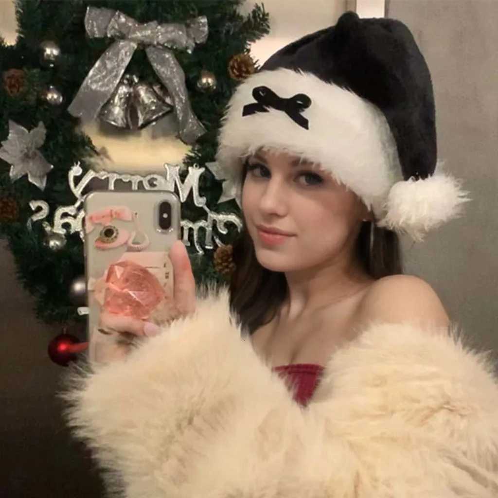 New Arrival Black Plush Folded-edge Christmas Hat with Cute Bow-knot Ideal Winter Accessory for Girls and Women Y251115