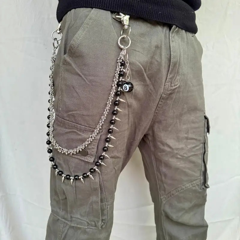 Original handmade denim pants chain exquisite high-end ultra bright black agate stone punk style keychain pendant 250414