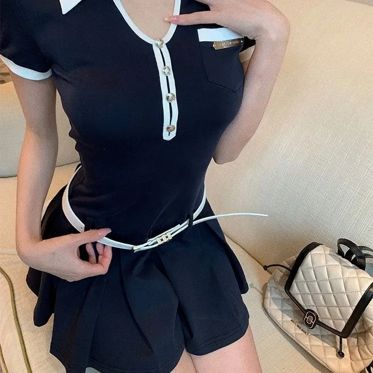 American retro sweet and spicy polo neck womens clothing summer small college style ultra-thin sports skiing 250415