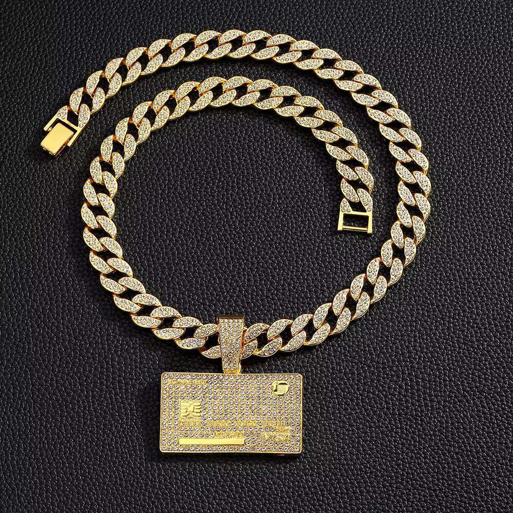 DHcollections Iced Out 15MM Men's Cuban Miami Chain With Alloy And Hip Hop Rhie Square VISA Pendant Necklace