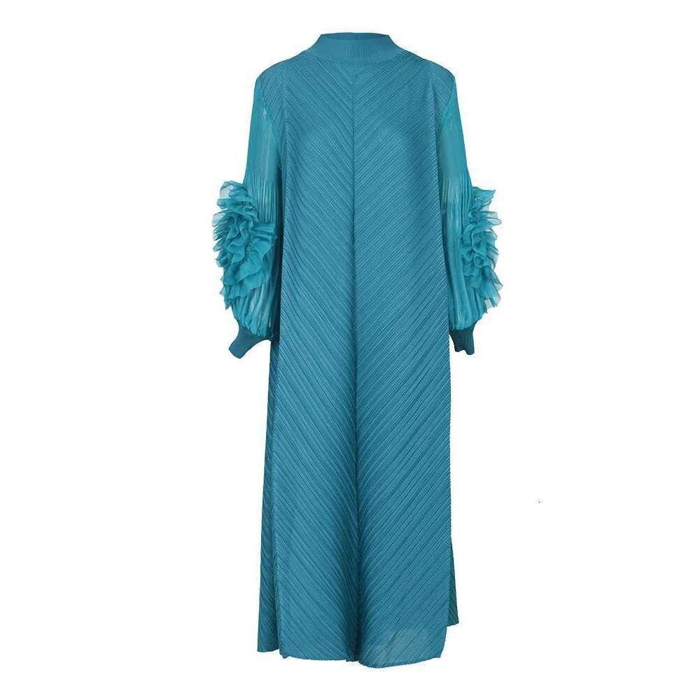 LANMREM Maxi Pleated Dress Round Neck Spliced Fungus Full Sleeve Dresses For Women 2025 New Spring Clothing 2Qa1331