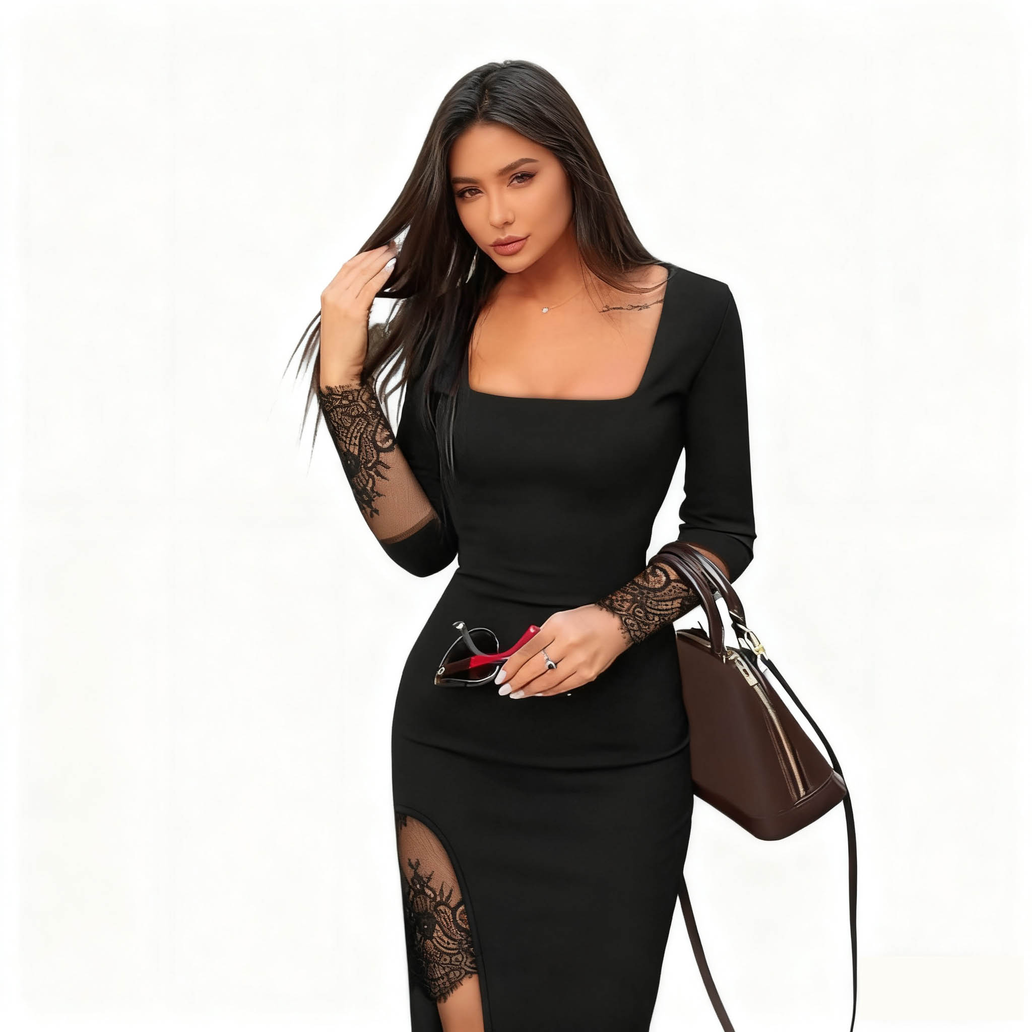 Urban Sexy Dresses Women's Black Square Neck Bodycon Midi Dress - 3/4 Lace Sleeve & Side Split Slim Fit Dress, Elegant Evening Party & Cocktail F