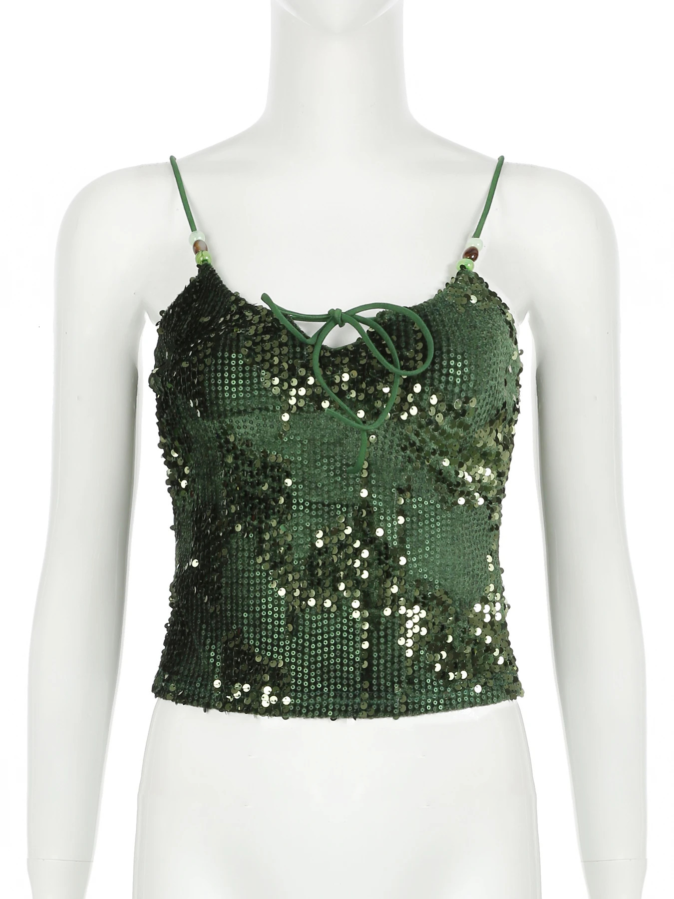 Rockmore Vintage Strappy Sequin Camisole Top Y2K Slim Fit Patchwork Sleeveless Spaghetti Strap Tank Top Clubwear fashion clothes 250415