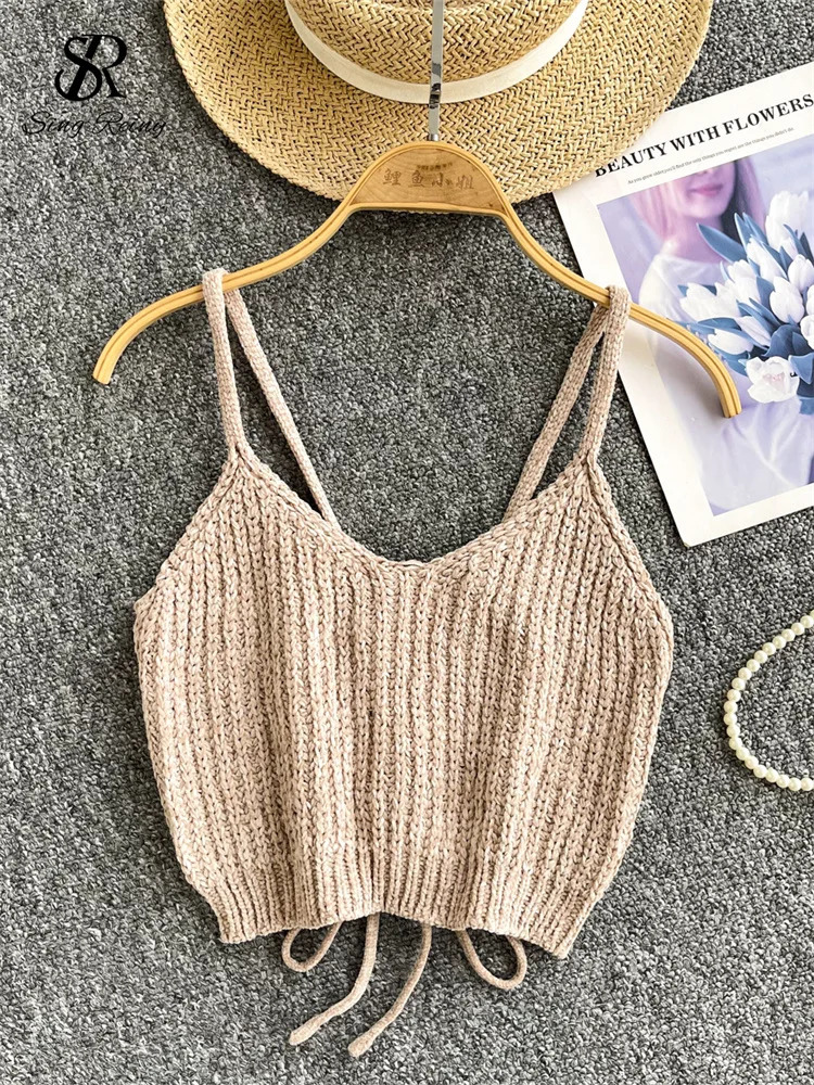 SINGREENY Womens Korean Style Sexy Knitted Camis Fashion V-neck Shoulder Short Camis Womens Lace Solid Street Clothing Camisol 250415