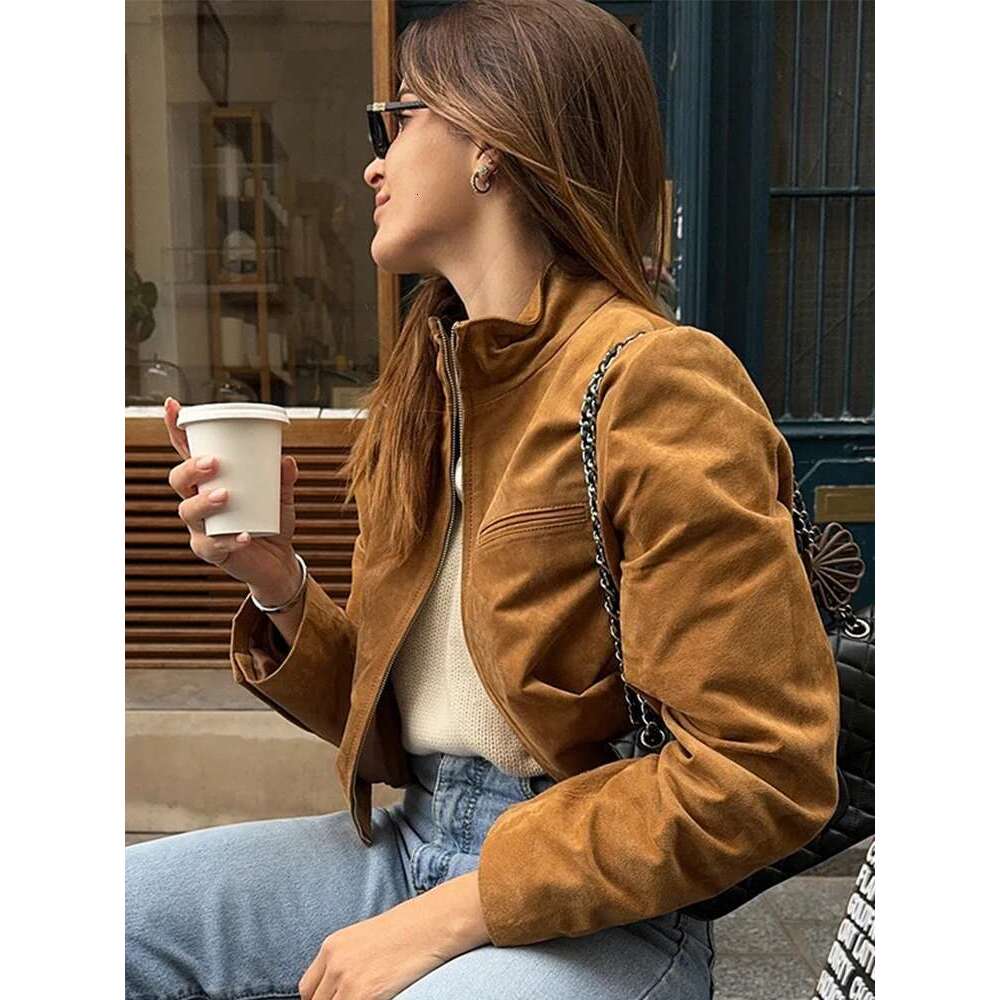 Designer Clothes Stand Collar Suede Zipper Short Jackets Women Casual Slim Brown Long Sleeved Jacket Female Spring Chic Daily Style Outwear Tops