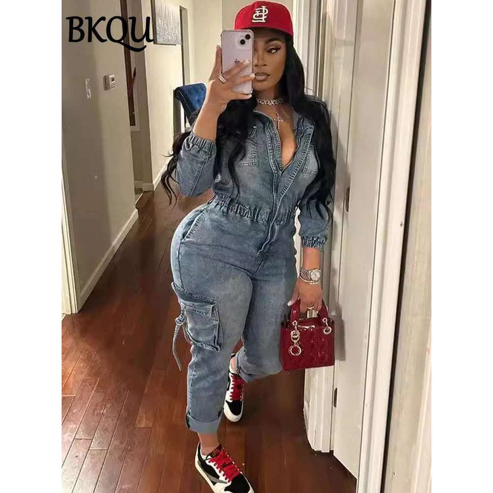 Designer Clothes BKQU Denim Cargo Jumpsuit Women Pockets Patchwork Fashion Lapel Zipper Jean Stretch Overalls Playsuit Fall Winter Y2k Streetwear
