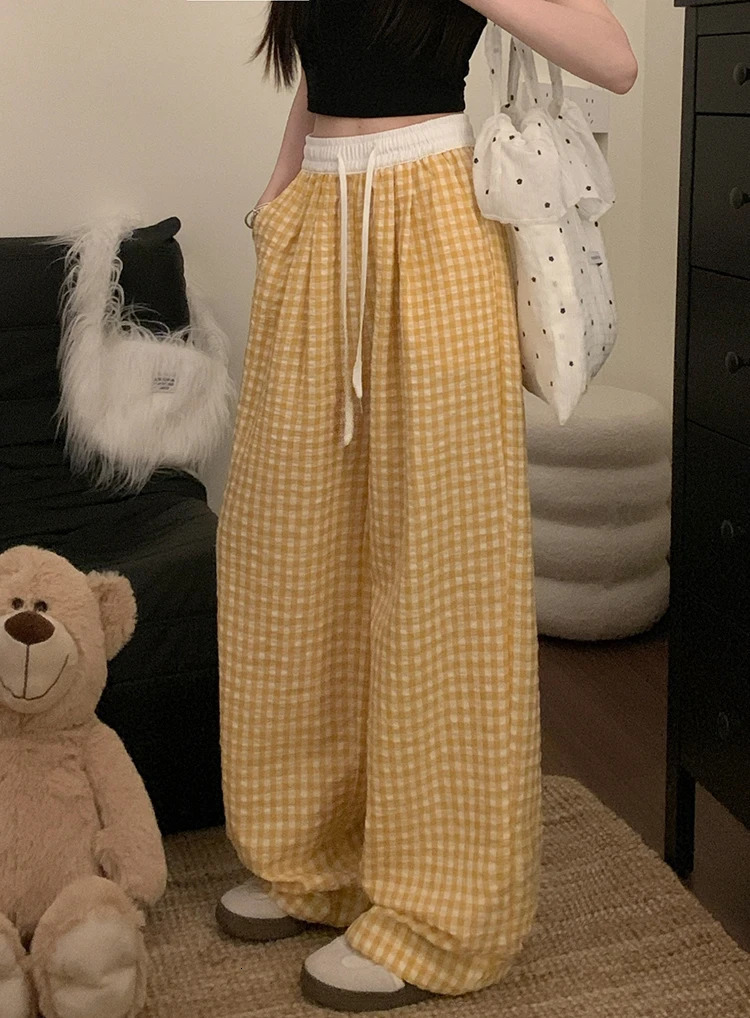 Womens casual loose straight leg flat pants Korean basic style elastic waist wide SpringSummer womens tight 250414Z