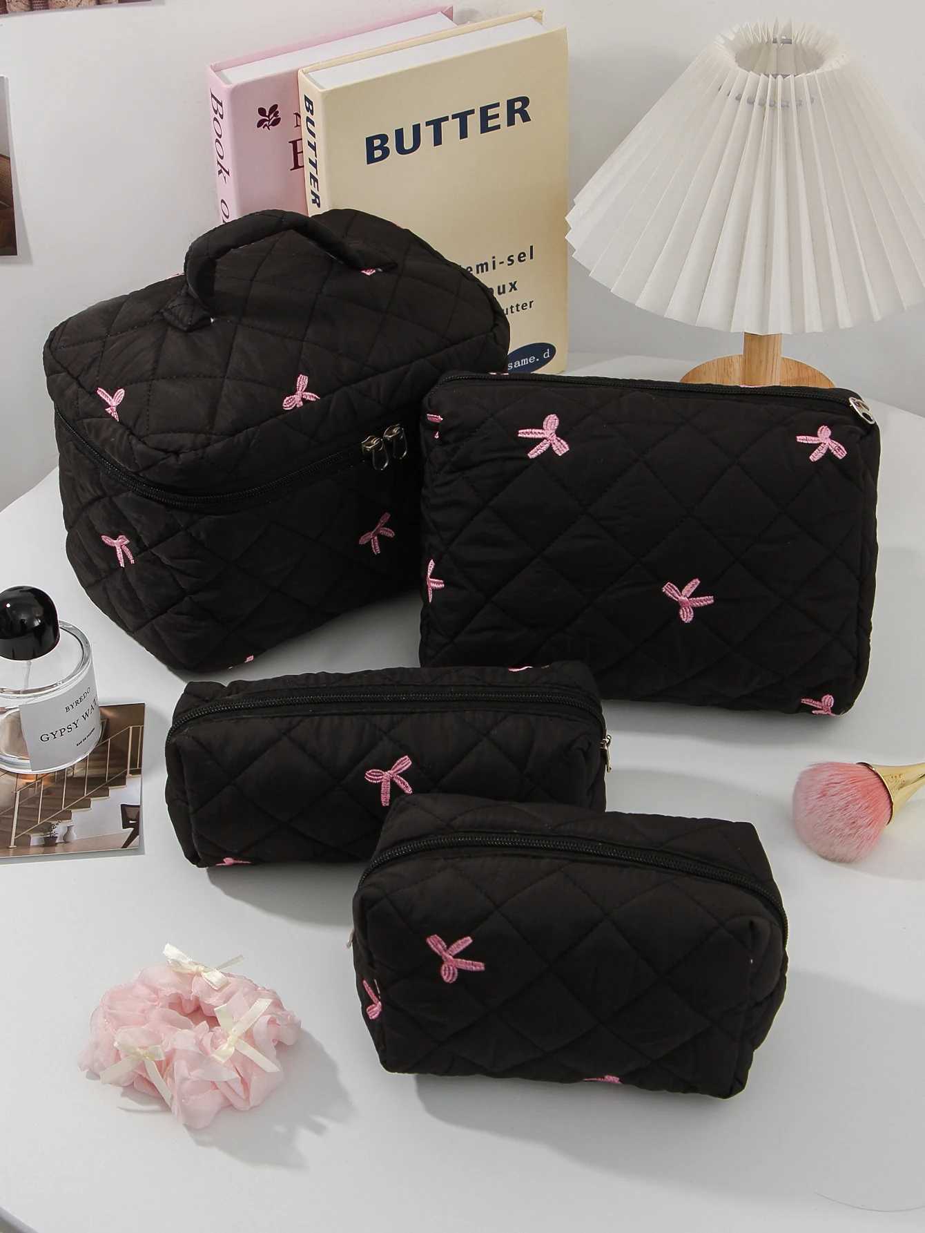 1 piece/set womens bow embroidery and quilted makeup bag set cute Macar colored large capacity makeup bag makeup bagXJ250415