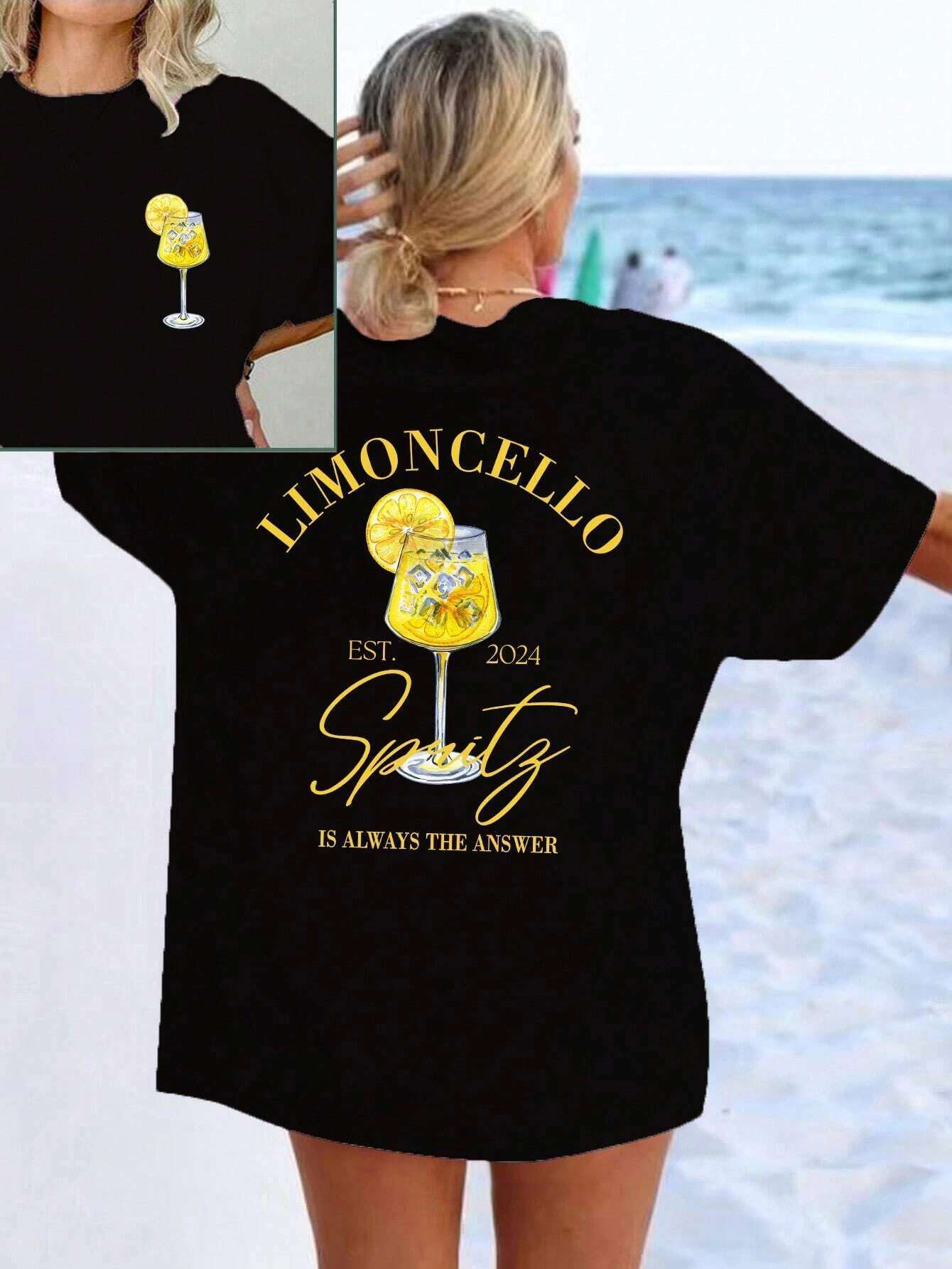 "Limoncello Spritz" Lettering Wine Glass Print T-shirt Casual and versatile summer short-sleeved tops for women
