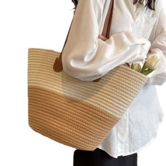 Handmade Beach Bag Cotton Rope Straw For Women, Large Capacity 2023 New Woven Shoulder Bag, High-End Sensory Communication Tote Bag Kq2