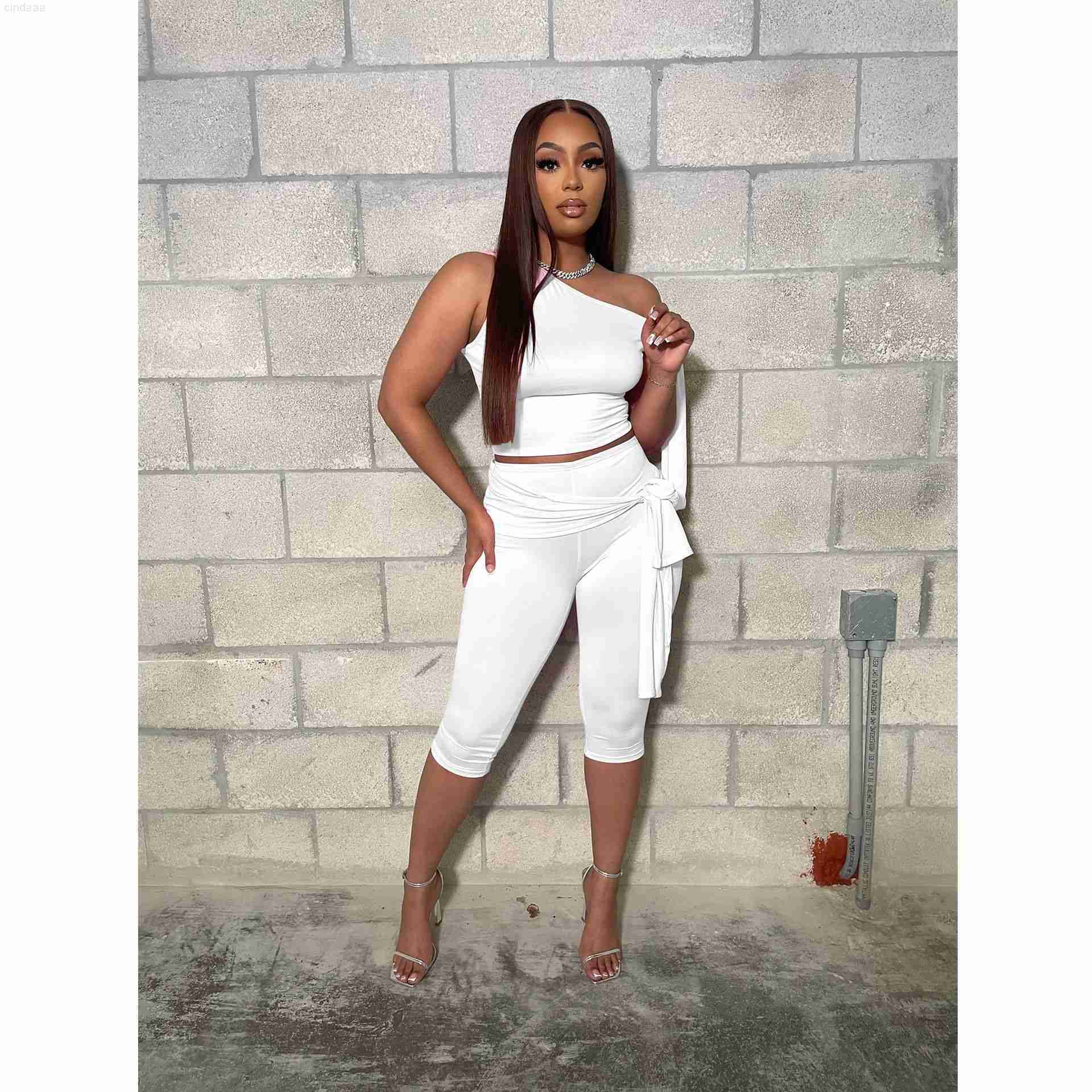 Womens Tracksuits Two Pieces Set 2025 Summer New Slant Shoulder Strap Casual Fashion Solid Color Set