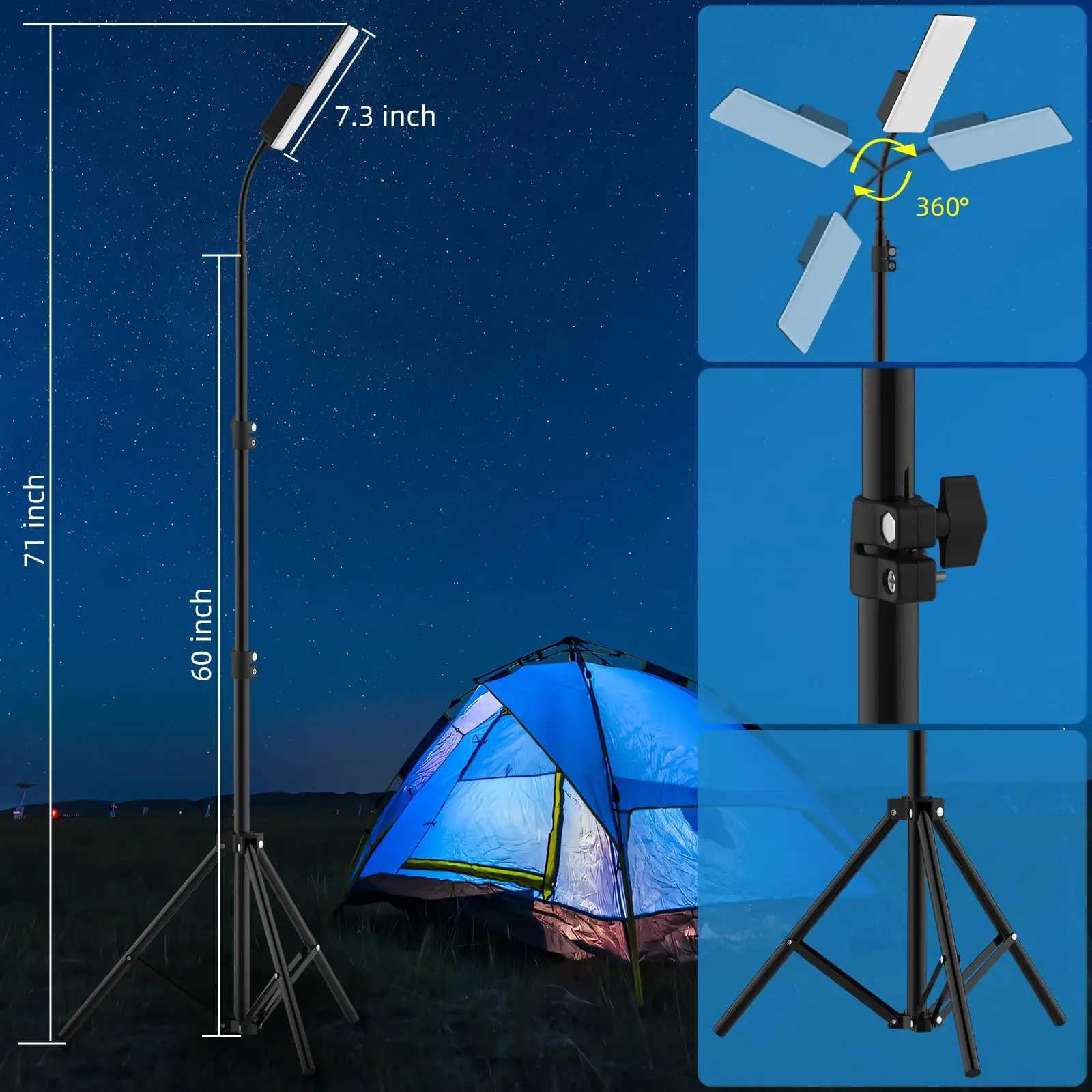 Camping Light Telescoping Lantern Light 10000mAh Rechargable 2500 Lumen Work Lights Adjustable Metal Telescoping Tripod 6Ft M251115