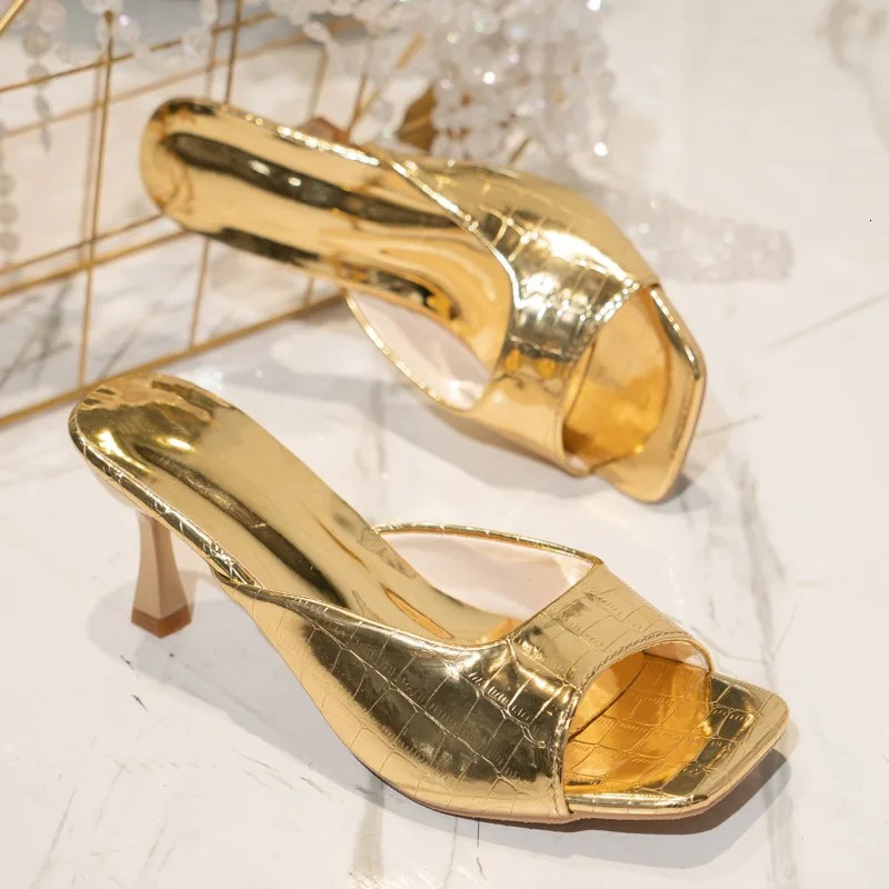 style slim highheeled slippers for women fashionable square shaped shiny leather set foot anti slip and wearresistant sandals 250409