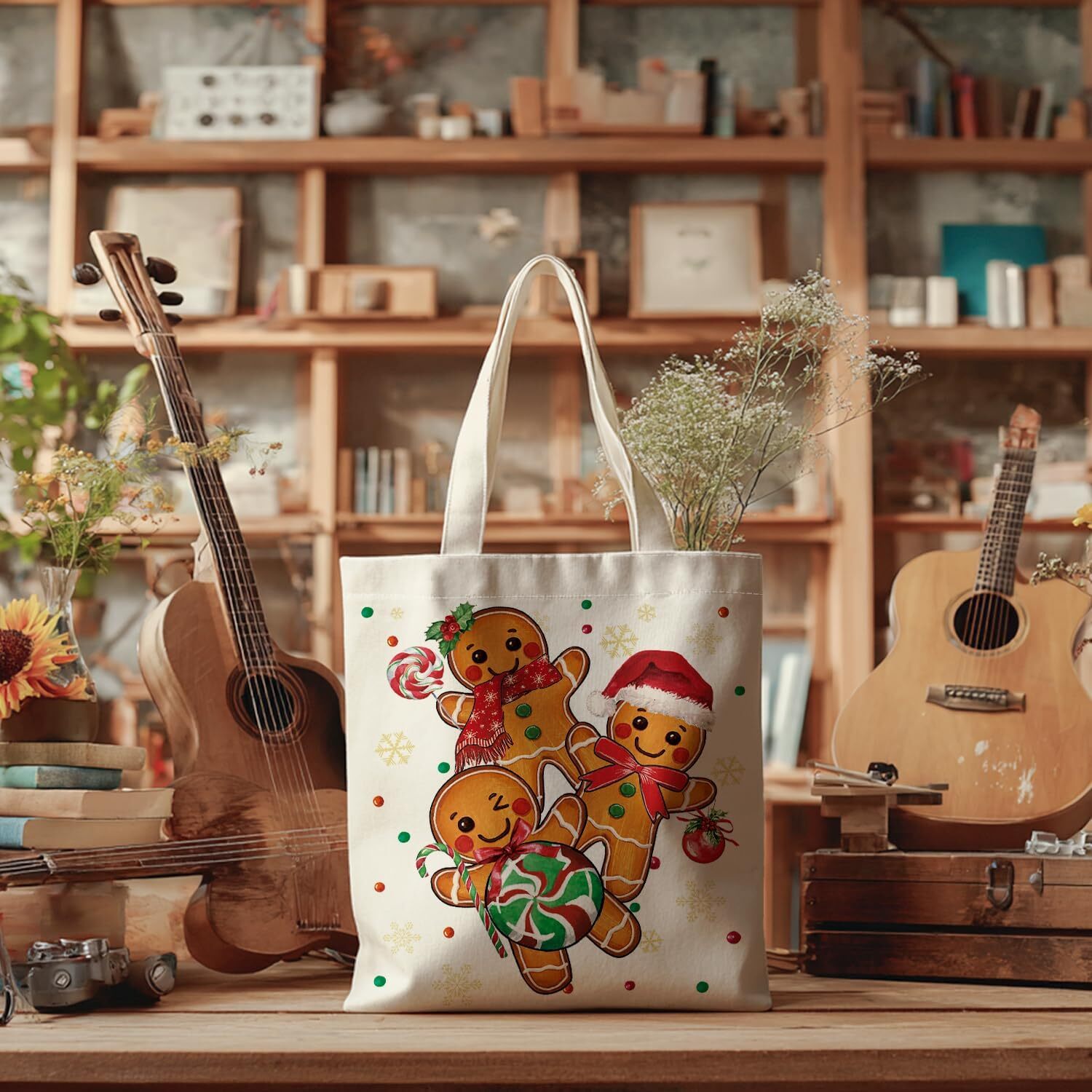 Christmas Canvas Bag, Christmas Winter Gingerbread Man Reusable Shoulder Tote Bag for Women Lady Casual Vacation, Shopping, Work, Gym ddmybear