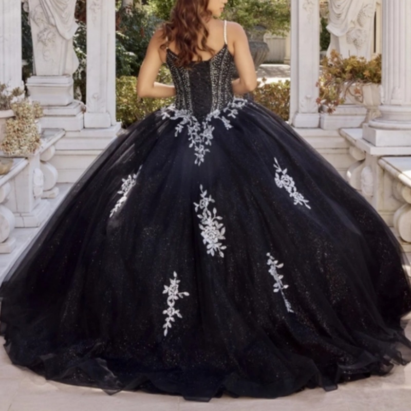 Black Shiny Princess Quinceanera Dresses Spaghetti Strap Applique Beading Tull Sweet 16 Dress Ball Gown Vestidos 15 De Anos