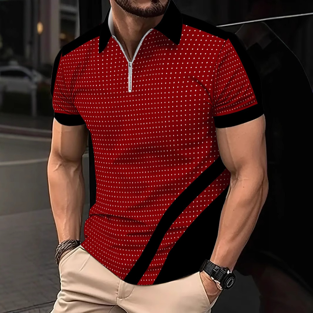 Summer Printed Zipper Polo Shirt Mens Fashion Sports Polo Shirt
