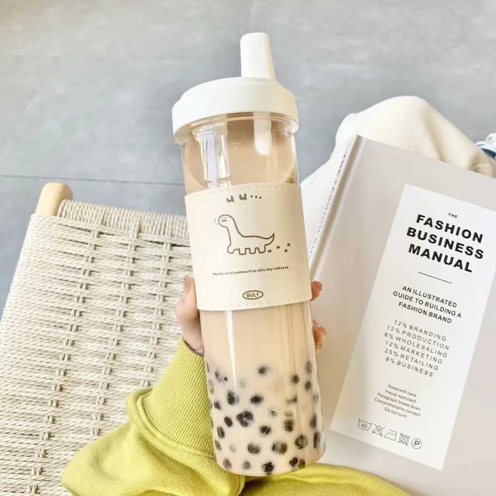 500/850ml Milk Plastic Cup with Lid Straw Leakproof Water Straw Bottles Fall Prevention Dustproof Large Capacity Water BottleW251114