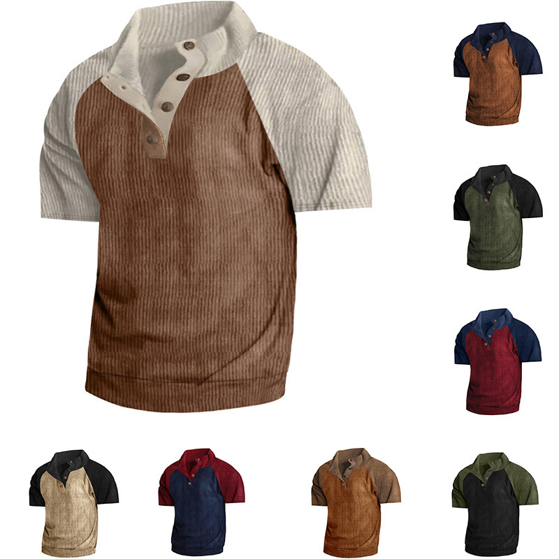 Summer Outdoor Raglan Short Sleeve Casual Stand up Neck Sports Corduroy T-shirt Men's Wear