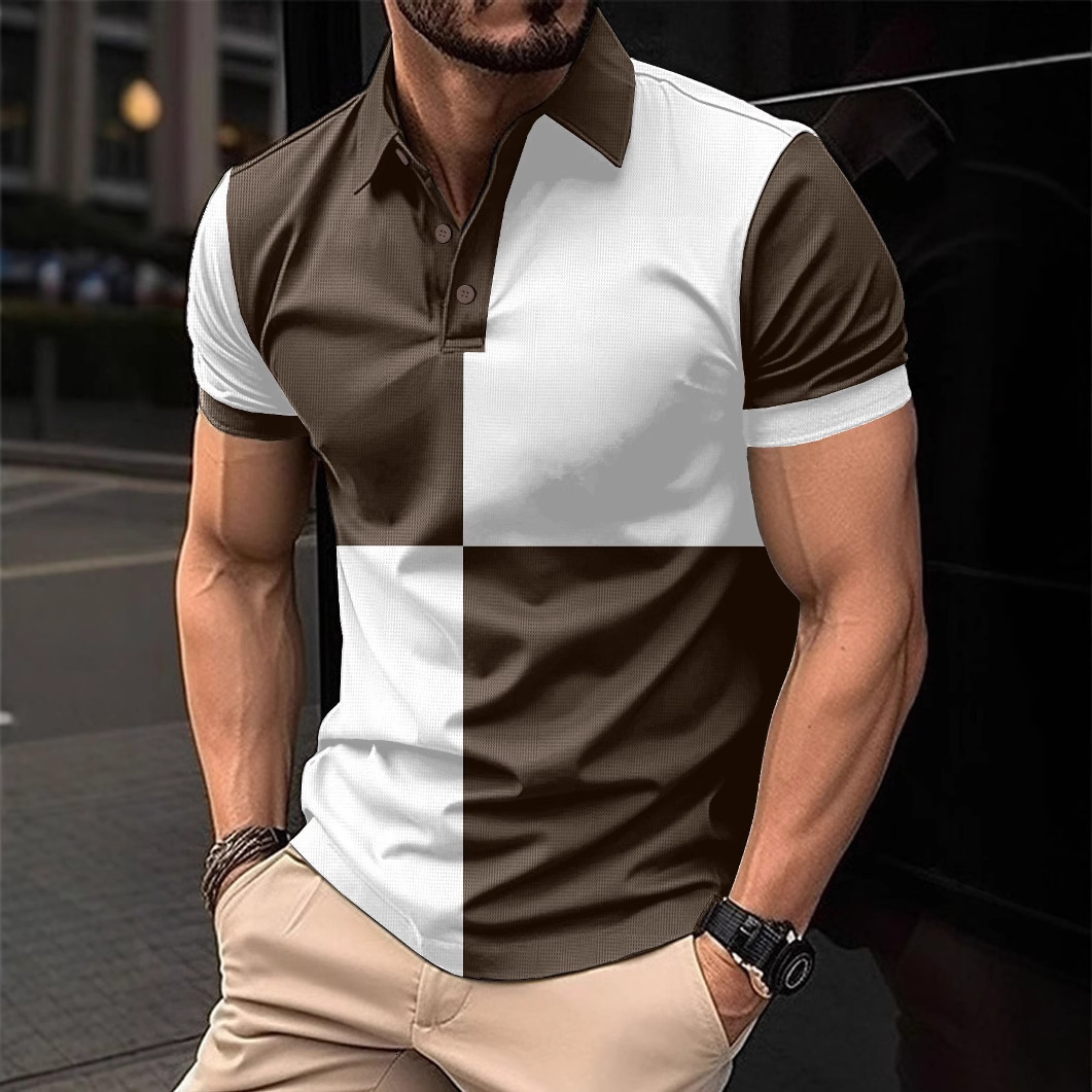Ins new mens casual sports polo shirt short sleeved color blocked lapel mens top